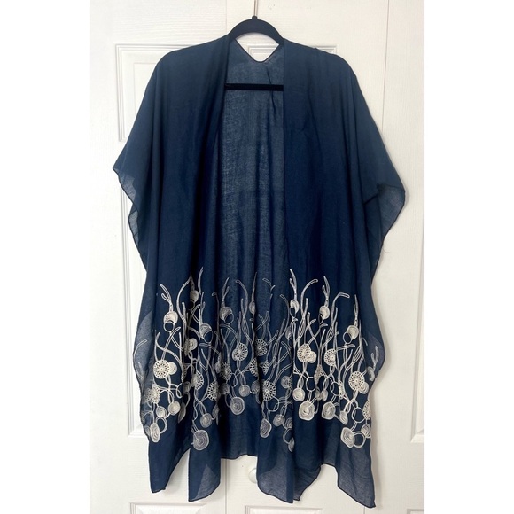 Lava Accessories Navy Blue Floral Embroidered Open Kimono Lightweight One Size - Picture 2 of 10